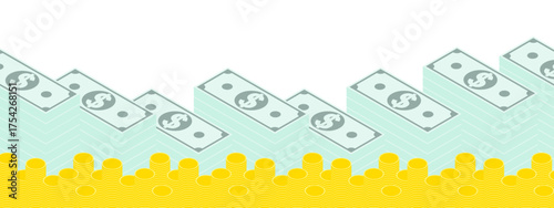 Empty horizontal banner with American dollars stacks and gold coins stacked in a pile. Mountains of money border lines at top and bottom. Vector banner for advertising of banking services