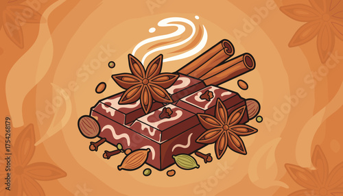 Aromatic spiced masala chai chocolate bar adorned with star anise, cinnamon sticks, cardamom pods, and almonds, evoking warmth and exotic flavors, perfect for culinary and beverage themes.
