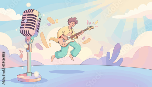 Joyful guitarist energetically playing electric guitar on stage with a vintage microphone, bathed in soft pastel sunlight and whimsical clouds, evoking a sense of musical performance and creative