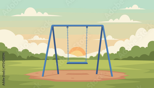 A solitary blue swing set stands empty in a park at sunset, with a blurred green forest and soft clouds in the background, evoking a sense of peace and nostalgia.