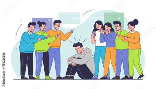 The problem of bullying: a man sits on the floor, hunched over and sad, while a group of people point and laugh at him, creating a scene of social exclusion and emotional distress, vector