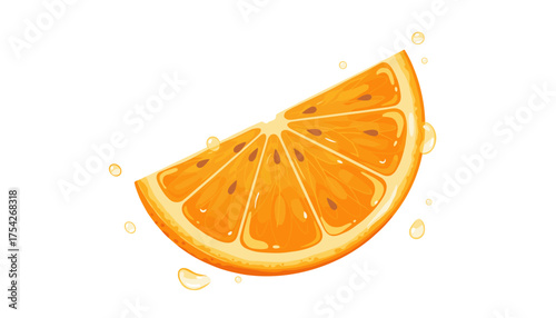 A vibrant, juicy slice of orange, detailed with seeds and glistening droplets of juice, isolated on a clean white background, perfect for food and beverage designs.