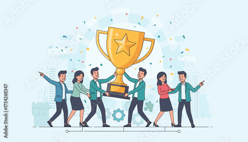 Diverse team of professionals celebrating a major success, joyfully carrying a golden trophy adorned with a star, symbolizing achievement and teamwork, amidst a shower of confetti and abstract