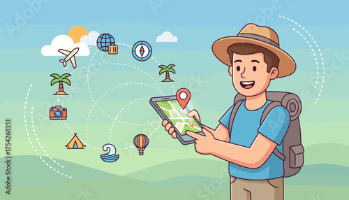 Joyful traveler with backpack and hat uses a smartphone with a map application, surrounded by travel icons like airplane, globe, compass, palm tree, camera, tent, hot air balloon, and ocean waves