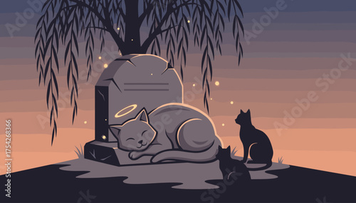 Serene scene of three cats near a tombstone under a weeping willow tree at dusk, with a haloed cat sleeping peacefully and two black silhouettes observing, evoking themes of remembrance, loss, and