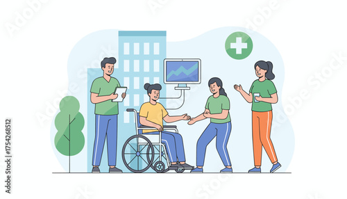 Vibrant vector illustration depicting a supportive healthcare team assisting a person in a wheelchair, with a medical building and a green cross symbol in the background, symbolizing care and