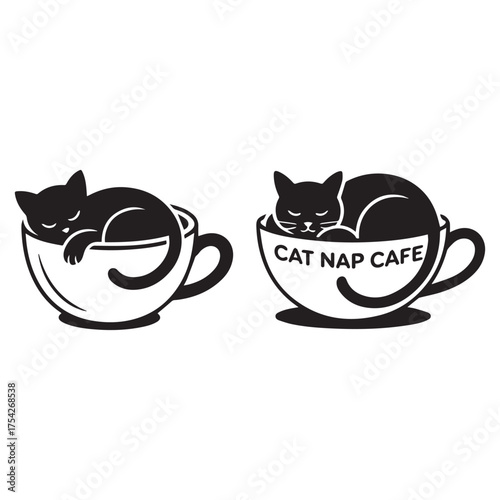 Black Cats Napping in Coffee Cups with Cat Nap Cafe Text