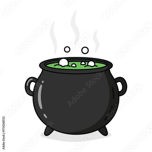 Cartoon Witch's Cauldron Bubbling Green Potion with Steam
