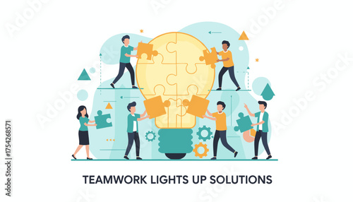 Teamwork lights up solutions: A vibrant vector illustration depicting diverse people collaborating to assemble a giant lightbulb puzzle, symbolizing innovation, creativity, and problem-solving in a