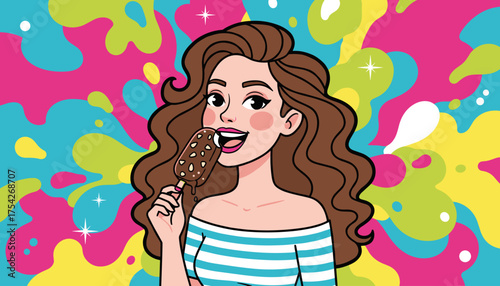 Vibrant illustration of a happy young woman with long brown wavy hair, enjoying a chocolate-covered ice cream bar with almond pieces, set against a colorful, abstract background with splashes of