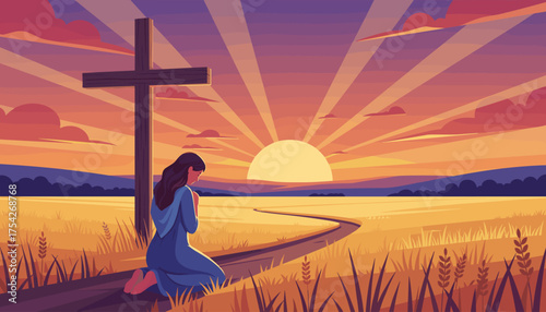 A woman kneels in prayer beside a wooden cross in a golden field at sunset, with a path leading towards the horizon and a vibrant sky filled with radiating sunbeams and clouds, symbolizing faith and