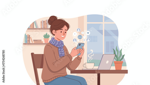 A young woman with her hair in a bun, wearing a cozy sweater and scarf, is happily engrossed in her smartphone, engaging in social media networking with icons of people, messages, and hearts floating