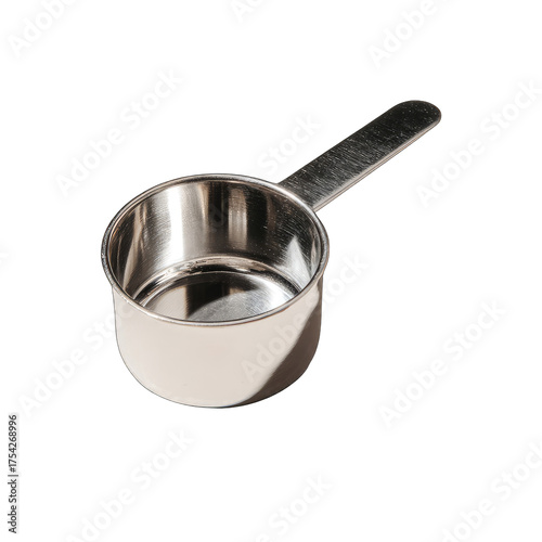 Small, round, stainless steel measuring cup with a handle