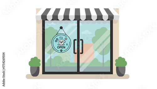 Charming cafe or restaurant storefront with a striped awning and glass doors, featuring a whimsical 'Open' sign hanging, adorned with icons of a steaming cup, gears, a paw print, and a sun