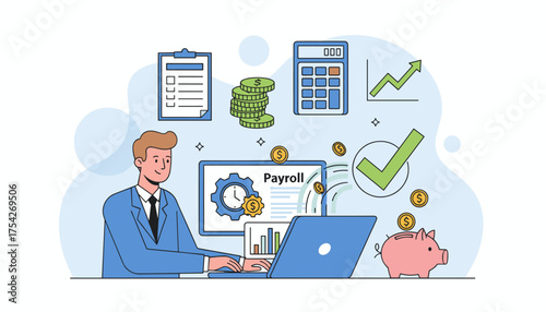 Modern flat illustration of a businessman managing payroll on a laptop, surrounded by financial icons like coins, calculator, piggy bank, and growth charts, representing business finance and