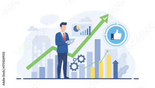 Project approval concept: a businessman in a blue suit analyzes data on a tablet, surrounded by rising bar graphs, a green upward trend arrow, gears, and a 'thumbs up' icon, representing business