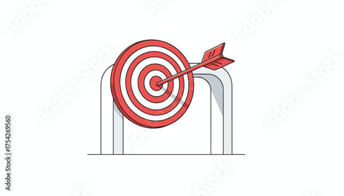 A vibrant red target with a matching red arrow precisely hitting the bullseye, symbolizing achievement, success, and goal attainment, set against a clean white background with minimalist arch
