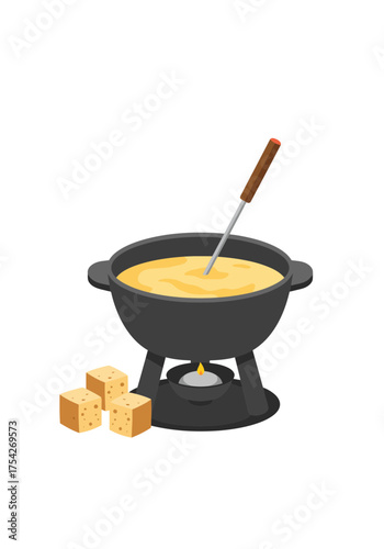 Cheese fondue pot illustration with bread cubes isolated on transparent background