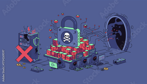 Cybersecurity threat illustration depicting a ransomware attack with hooded hackers operating computers, a cracked server with a red cross, a large padlock with a skull symbol, and a dark portal