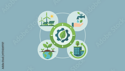 Vibrant flat illustration of a sustainable business concept, showcasing eco-friendly practices with icons representing renewable energy, water conservation, plant growth, and green buildings, all