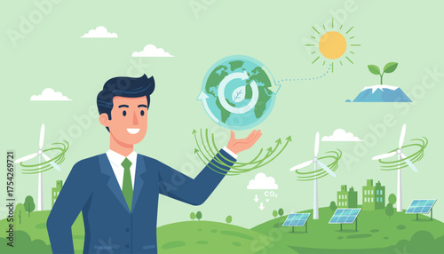 A smiling businessman in a suit presents a concept of sustainable development and green business, featuring a globe with recycling arrows, wind turbines, solar panels, and a growing seedling under a