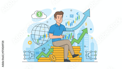 Dynamic illustration of a man analyzing stock market data on a tablet, seated on a pile of gold coins, with upward trending graphs, a globe, and currency symbols symbolizing financial growth and