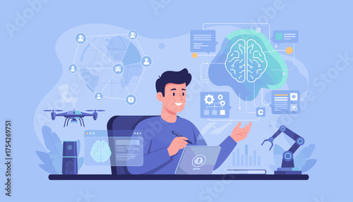 Innovative technology concept with a man using artificial intelligence to control a drone and robotic arm, surrounded by digital interfaces and a stylized brain, representing future advancements in