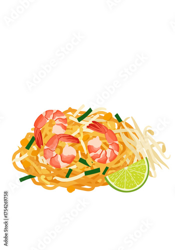 Delicious pad thai dish with shrimp and lime on a transparent background