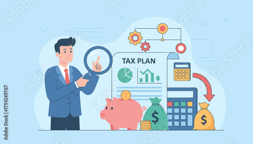 Business professional examining tax plan with magnifying glass, surrounded by financial elements like piggy bank, money bags, coins, and calculators, illustrating tax optimization and financial