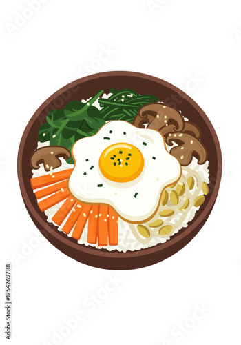 Delicious korean bibimbap dish with fried egg and vegetables illustration