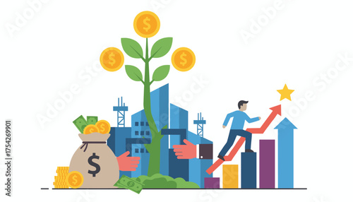 Vibrant flat illustration depicting financial growth and business success, featuring a money tree with golden coins, a sack of cash, rising bar charts, a person climbing towards a star, and a