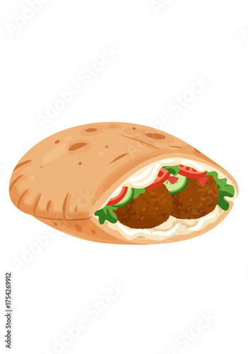 Freshly prepared falafel in pita bread with vegetables on transparent background
