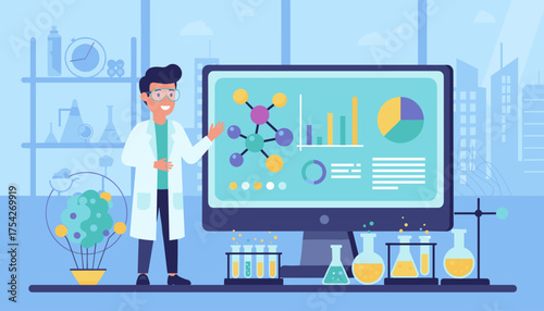 Vibrant cartoon illustration of a smiling scientist in a lab coat presenting molecular structures and data charts on a computer screen, surrounded by scientific equipment and beakers, symbolizing