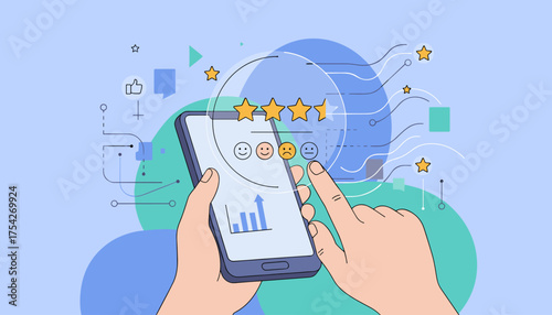 Customer feedback and user reviews concept, hand holding smartphone with star ratings, emoticons, and graph, representing online survey, satisfaction, and digital communication, modern flat