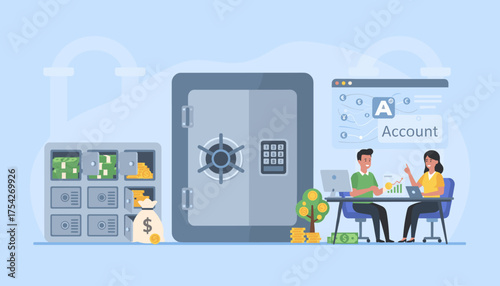 Vivid flat illustration depicting a secure bank safe with an open compartment revealing stacks of dollar bills and gold coins, alongside a money bag, symbolizing financial security and wealth