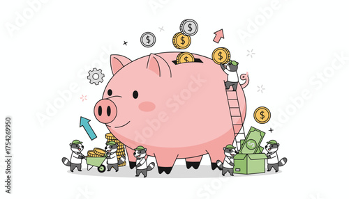 Charming flat illustration of a large pink piggy bank being filled with coins and banknotes by cute cartoon raccoons, symbolizing savings, financial growth, and smart money management with a gear and