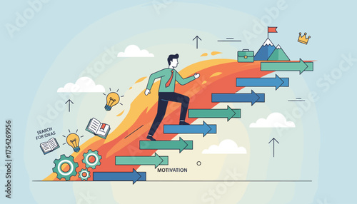 Vibrant vector illustration depicting a determined businessman ascending a fiery staircase, symbolizing career growth, motivation, and the pursuit of success, with elements like lightbulbs for ideas
