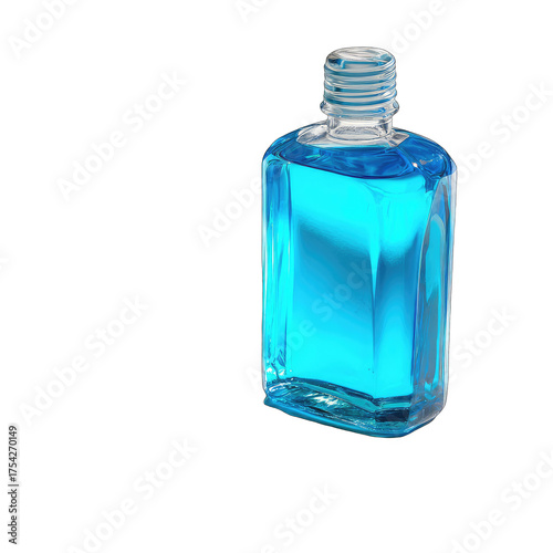 Bright blue liquid in rectangular bottle