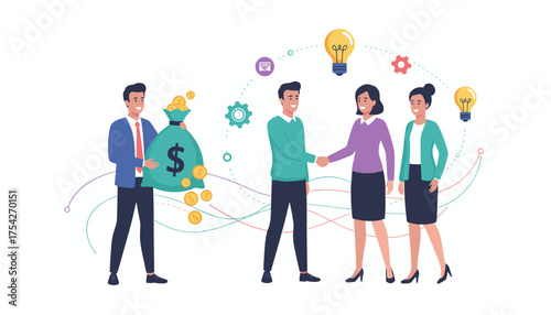 Vibrant vector illustration depicting a business partnership and financial success, with a man holding a money bag and coins, and two businesswomen shaking hands, symbolizing collaboration and