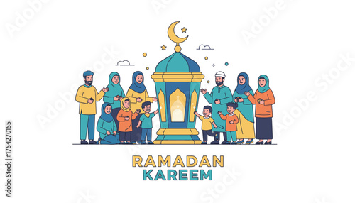 Vibrant vector illustration of a diverse Muslim family celebrating Ramadan Kareem, gathered around a large, ornate Fanoos lantern with a crescent moon and star, symbolizing unity, joy, and religious