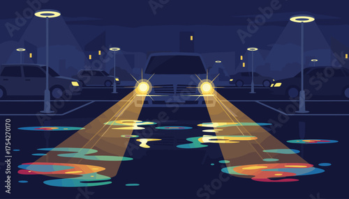 Vibrant car headlights illuminate a dark, rainy night parking lot, casting colorful reflections on wet asphalt and puddles, creating a moody and atmospheric urban scene with streetlights and parked