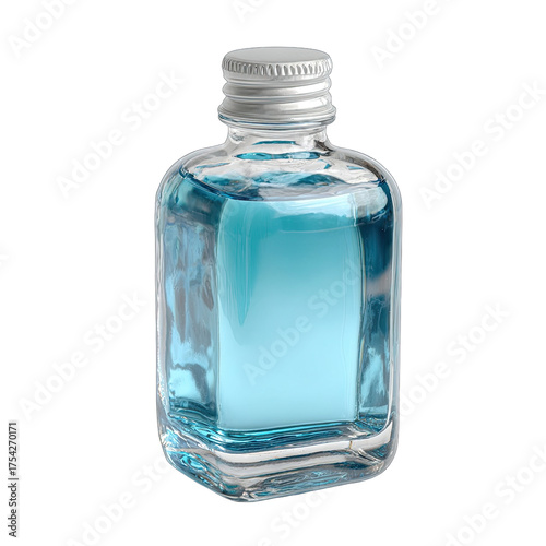 Light-blue liquid in a square glass bottle with a silver cap