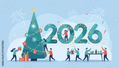 Vibrant vector illustration depicting a group of small people joyfully preparing for the New Year 2026, decorating a Christmas tree with lights and ornaments, exchanging gifts, and celebrating with