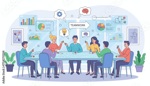 Diverse group of professionals engaged in a dynamic brainstorming session around a modern conference table, illustrating teamwork, innovation, and strategic planning with visual data displays and