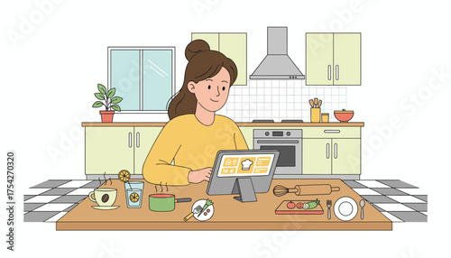 A young woman with her hair in a bun, wearing a yellow sweater, is attentively watching an online cooking class on her tablet, which is placed on a stand on a wooden kitchen counter, surrounded by
