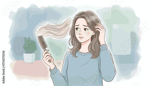 Worried young woman with long brown hair experiencing hair loss, holding a hairbrush with strands of hair caught in its bristles, looking concerned in a bathroom setting with a potted plant and towel