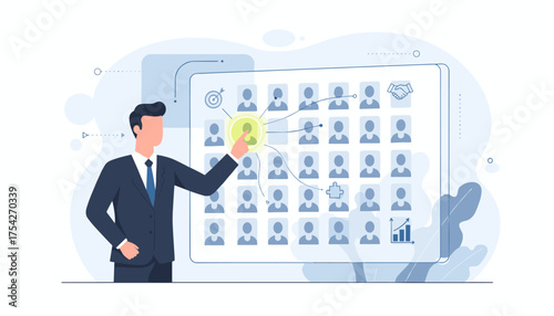 Human resources manager selects candidate for a job. HR concept. Recruitment, hiring, headhunting. Talent acquisition. Choosing an employee. CRM and target audience concept.