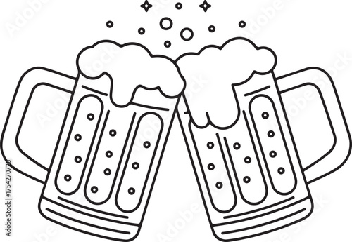 Beer mugs cartoon cheers. Drink icon set. Alcohol symbol in black design. Beer mugs icon toasting. vector set of silhouette of Beer Mugs Cheer. Isolated on White Background.