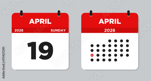 April 19 2026 Sunday Calendar Vector Illustration. April 19 calendar page. Day calendar with date April 19. Week Starts on Sunday. Checklist day calendar. Modern Flat Calendar template icon
