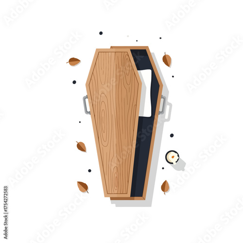 Vector art of open wooden coffin with candle and leaves